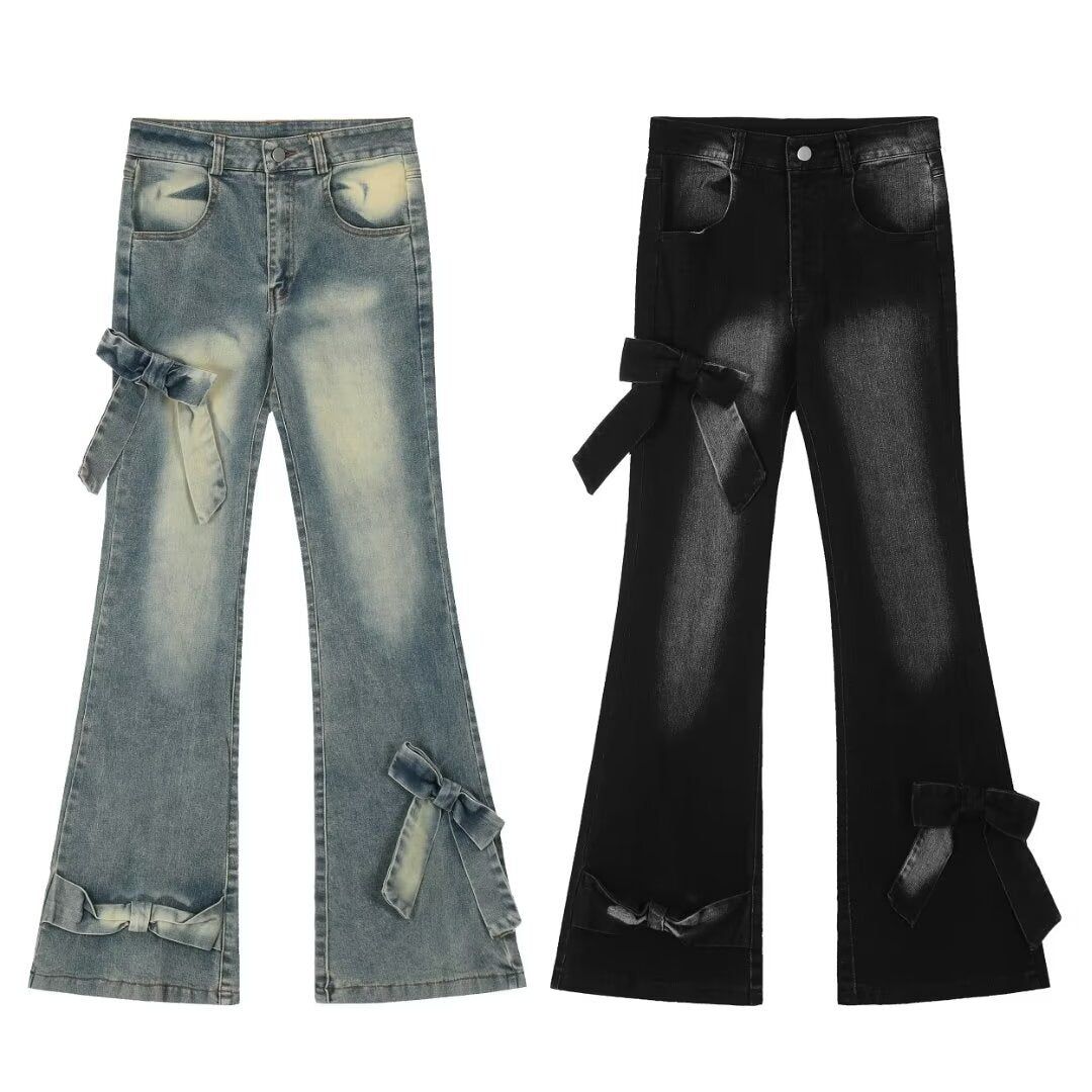 2000s fashion Hot Girl Design Butterfly Strap High Waist Jeans Women's Summer Fashion Brand Slimming Straight Wide Leg Skinny Pants