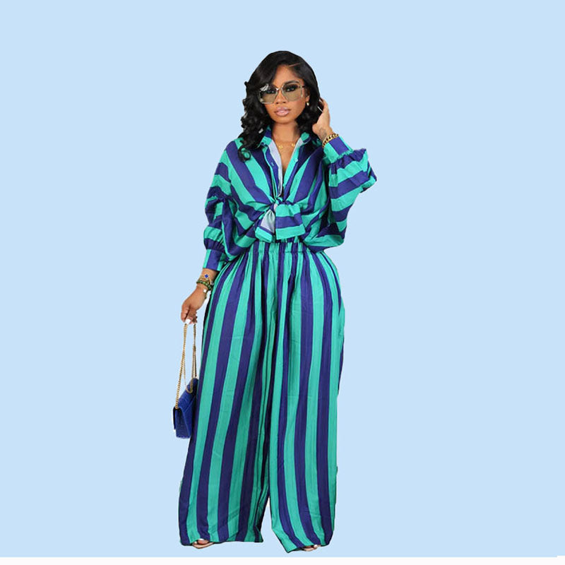 business casual outfits woman Popular New Women's Casual Striped Printed Loose Hong Kong Style Wide Leg Pants Two-Piece Set