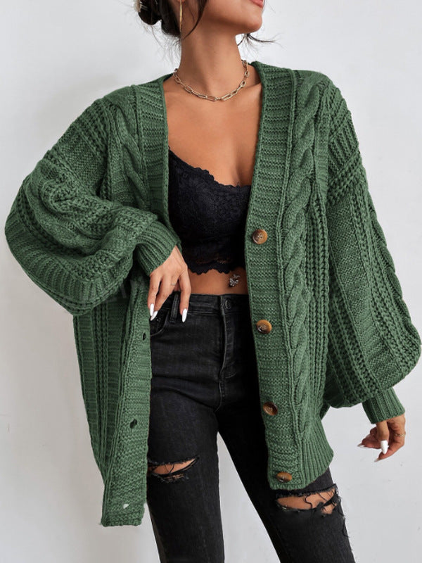 2000s fashion V-neck Sweater Women's Retro Style Fashion Loose Twist Lantern Sleeve Cardigan Knitted Coat