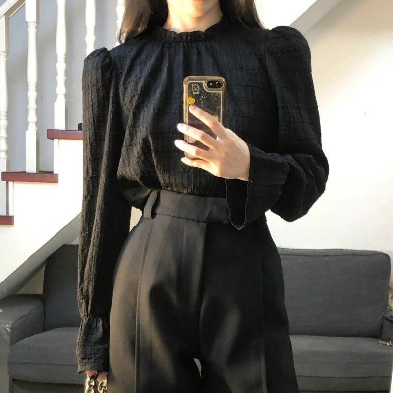 teacher outfits Yujie Style Texture Long-Sleeved Shirt Suit Women's Autumn High Waist Straight Wide-Leg Pants Elegant Black Lantern Sleeve Top