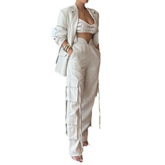 clothes 2024 Cross-Level Fashion Two-Piece Suit Apricot Multi-Pocket Suit Suit Trousers Loose Ribbon Pants