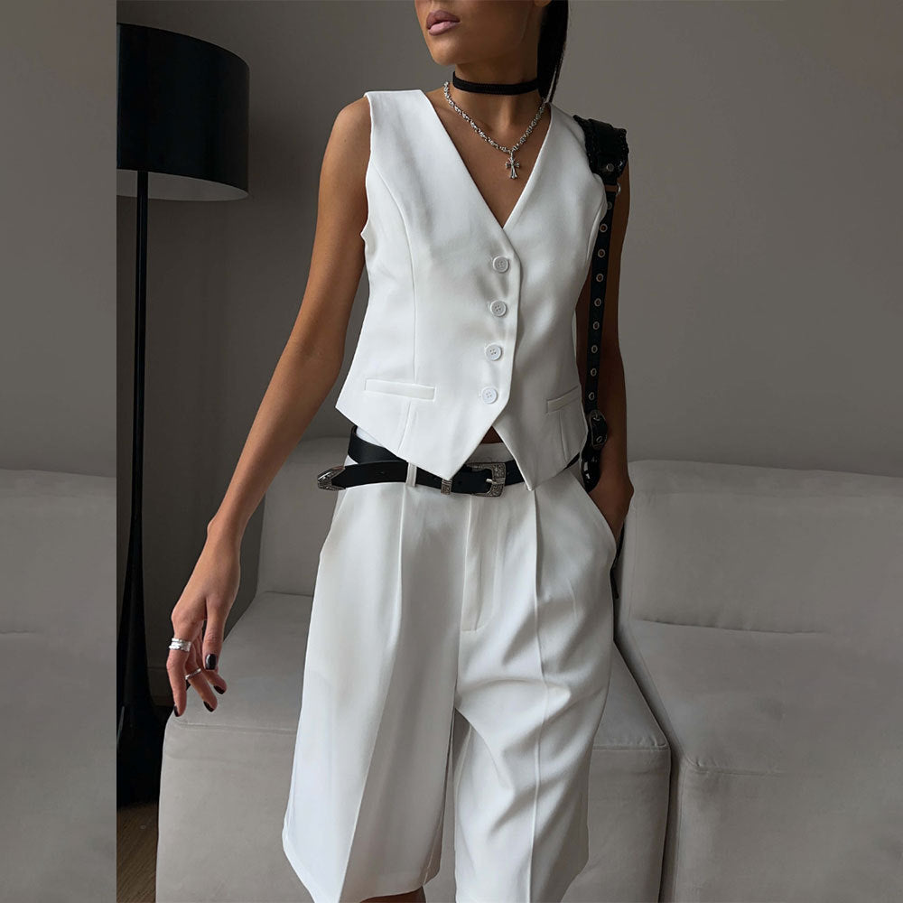 business casual outfits woman Vest Vest Suit 2024 Spring and Summer V-neck Single-Breasted Vest + Straight Suit Shorts Suit