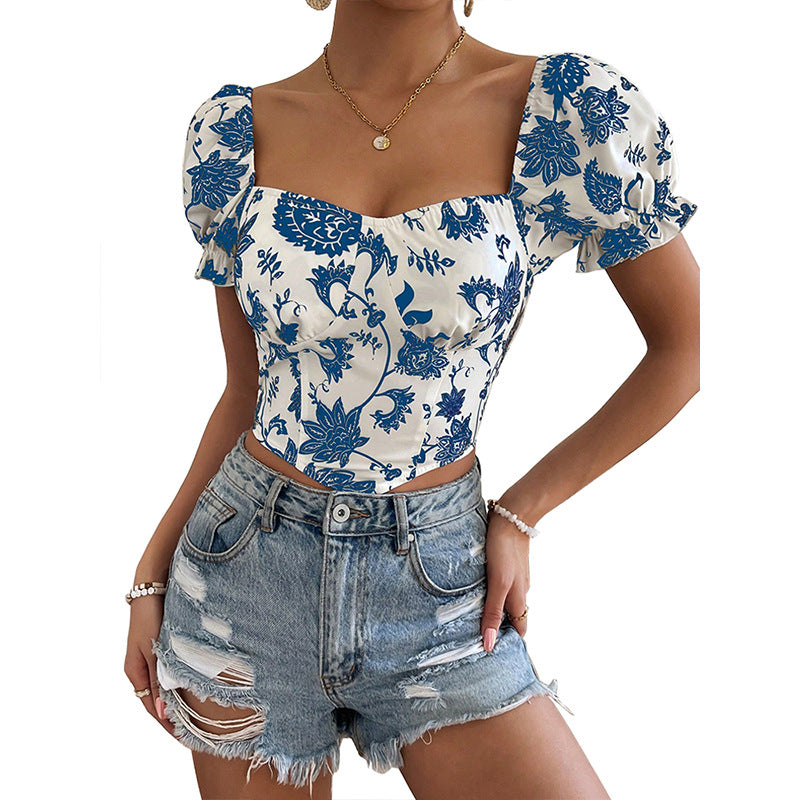 end of summer outfits Spring Women's Printed V-neck Short-Sleeved Shirt Sexy Short Shirt Top