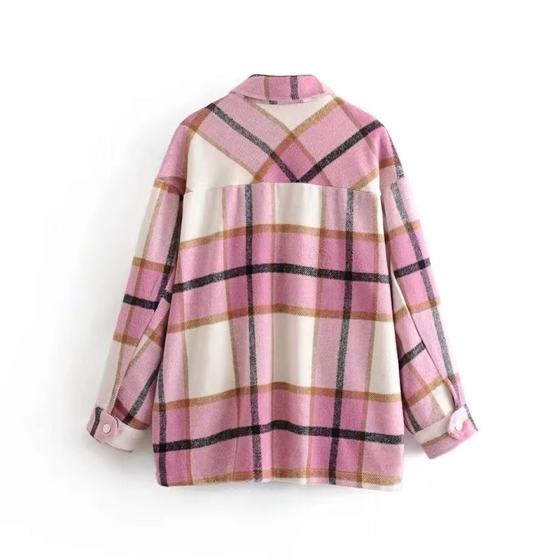 fashion outfits Autumn and Winter New Women's Lapel Plaid Shirt Soft Woolen Coat 