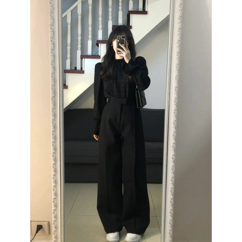 teacher outfits Yujie Style Texture Long-Sleeved Shirt Suit Women's Autumn High Waist Straight Wide-Leg Pants Elegant Black Lantern Sleeve Top