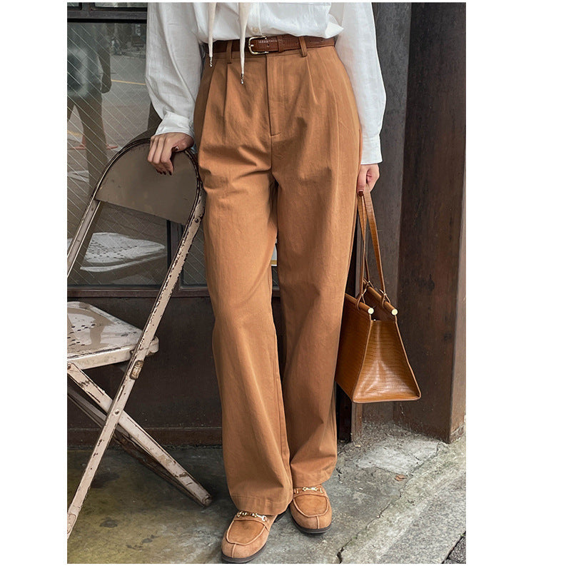 fashion outfits French Retro Khaki Straight Suit Pants Women's Autumn High Waist Korean Style Slimming Cover Casual Cotton Long Pants