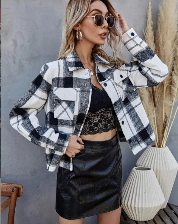 fashion outfits Plaid Contrast Color Long-Sleeved Jacket Women's Winter Fashion Lapel Single-Breasted Jacket