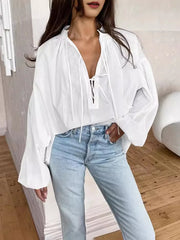 Realmefit   Women Full Sleeve Shirt Cotton V Neck Lace Up Solid Color Loose Fashion Casual Puff Sleeve Pullover Patchwork Female Top