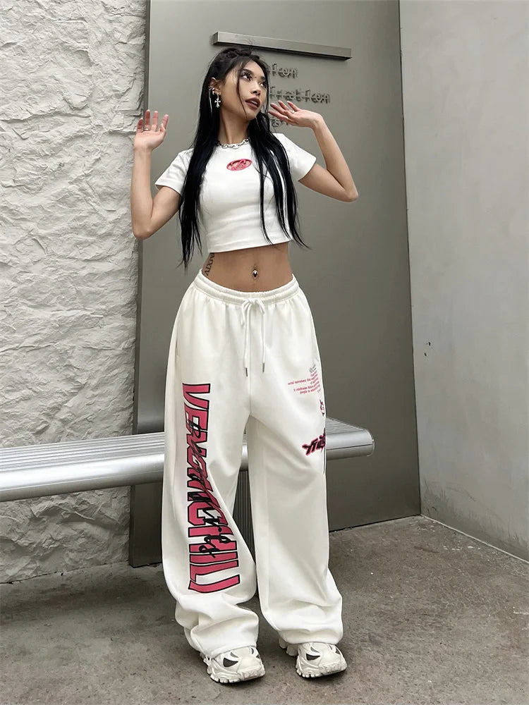 Realmefit   Korean Y2K White Sweatpants Women Streetwear Kpop Letter Print Sports Pants Oversized Hip Hop Wide Leg Jogging Trousers