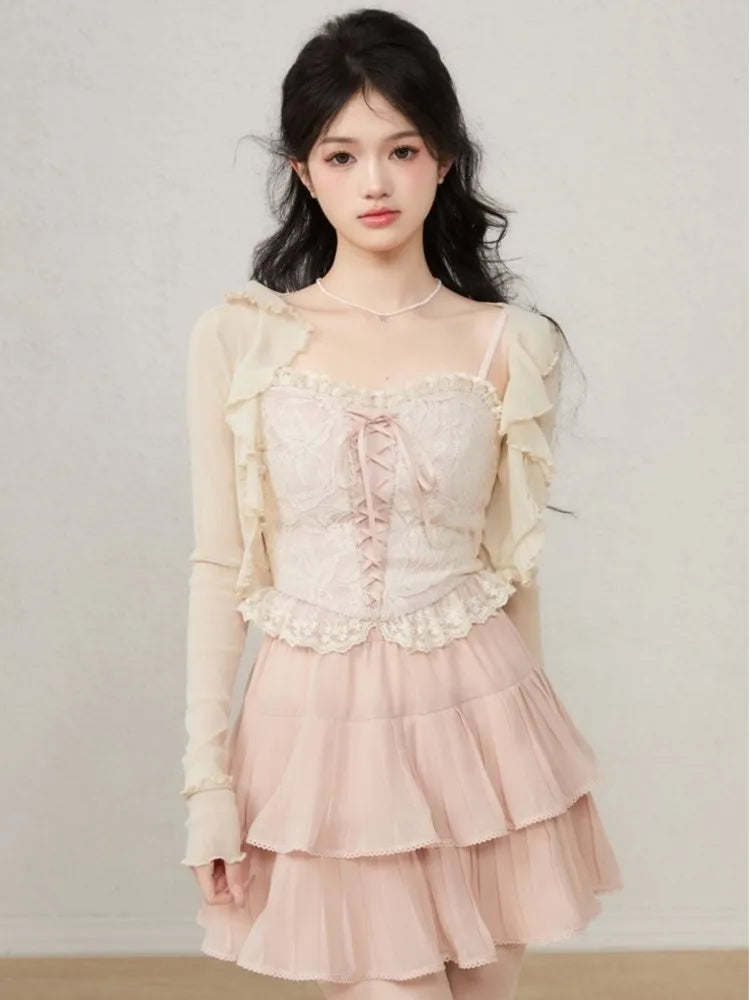 Realmefit  Sweet Blouses Sets Women All-match Chiffon Sunscreen Cardigan+Lace Tank+Mini Pleated Skirts 3 Pieces Suits Streetwear Korean Set