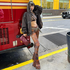 REALMEFIT  -  Brown Printed Flare Pants Y2k Streetwear Vintage Low Rise Pants Korean Fashion Womans Clothing P85-BI22