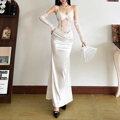 REALMEFIT  -  Lace Satin White Party Dresses Women 2024 Elegant Sexy V Neck Backless Maxi Dress with Gloves