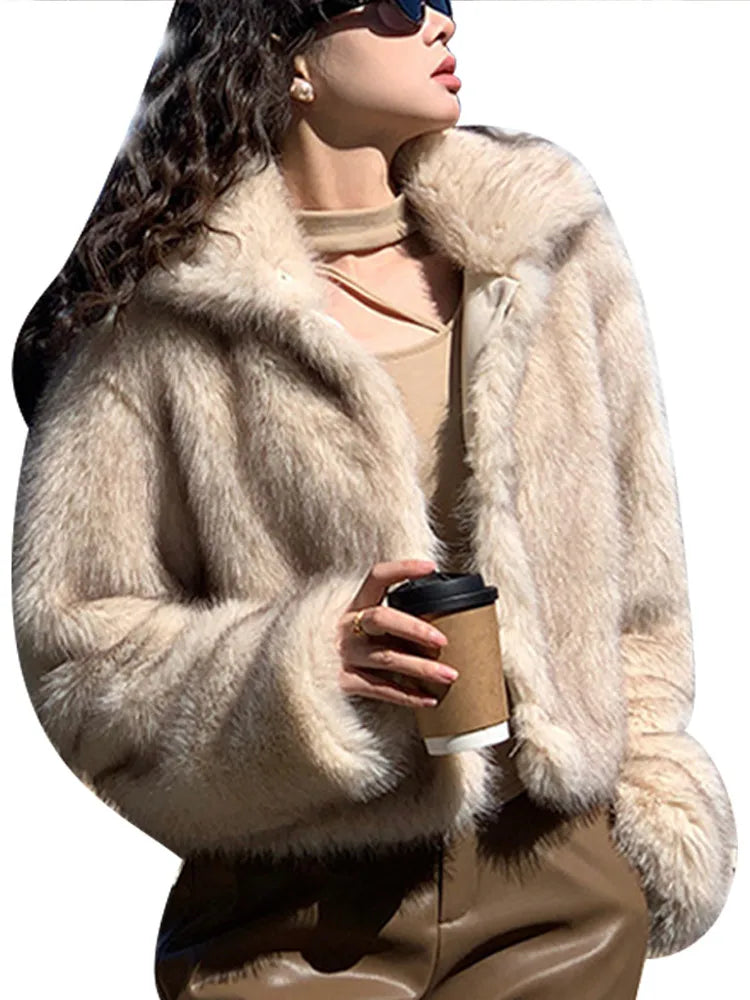 REALMEFIT  -  Autumn Winter Women's Faux Fur Woven Coat Elegant Long Sleeve Turn Down Collar Female Fluffy Short Jacket 2024 Thick Warm Coats