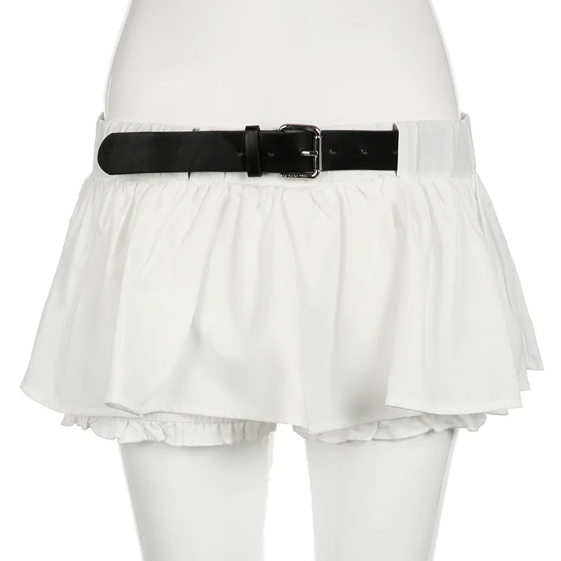 REALMEFIT  -  Belted Elastic Low Waist Micro Mini Skirt with Shorts Underneath Cutecore Y2k 2000s Summer White Skirts P84-BI20