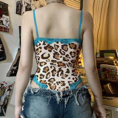 REALMEFIT  -  Leopard Print Sexy Body Suits Women Lingerie Lace Trim Spaghetti Strap V Neck Backless Bodysuit Tops P84-BI10