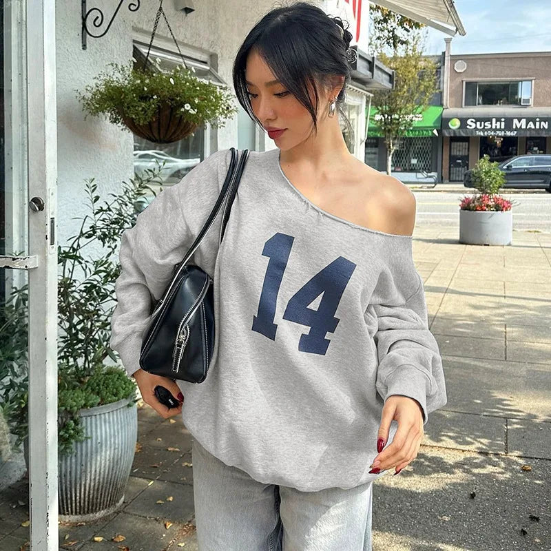 REALMEFIT  -  Y2k Graphic Baggy Hoodies One Shoulder Long Sleeve Tees Casual Loose Pullovers Women Clothing Fall Winter 2024 P70CC40