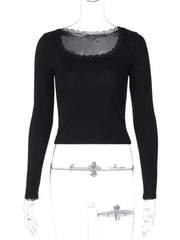 Realmefit   Lace Square Collar Slim T-shirt Pullover Women Long Sleeve Cropped Y2k Top Solid Ladies Elegant Summer  Tee Crop top