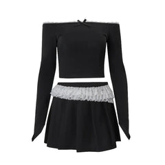 OKLULU  - Sexy Fashion Long Sleeve Off Shoulder Crop Tops Hotgirl Lace Low Waist Mini Skirt Autumn 2 Piece Set Women's Clothing