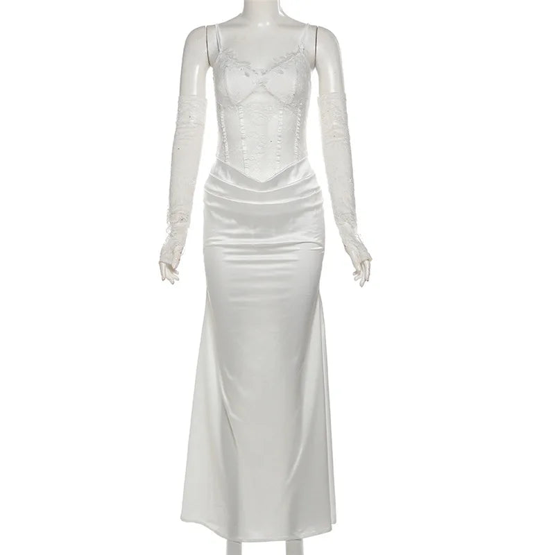 REALMEFIT  -  Lace Satin White Party Dresses Women 2024 Elegant Sexy V Neck Backless Maxi Dress with Gloves