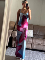 Realmefit   Spaghetti Strap Lily Floral Slip Dress Summer Casual Printed Maxi Dresses Backless Bodycon Slim Boho Long Sundress