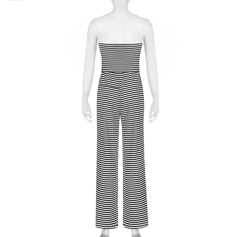 REALMEFIT  -  Casual Striped Wide Leg Jumpsuits Black White Contrast Color Strapless Lace-up Women Rompers Vacation Autumn Overalls