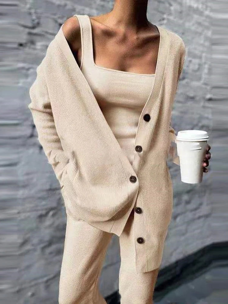 Tossy Women Solid Knitted 3 Pices Set Cardigan Tops Tank Top And Casual Loose Long Pants Chic Suit Tracksuit 2022 Fall Winter