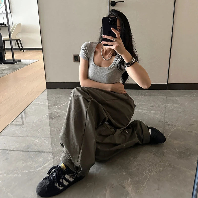 Realmefit   Y2k Cargo Pants Women High Street Drawstring Oversize Sweatpants Casual Vintage Baggy Wide Leg Pants Joggers Trousers