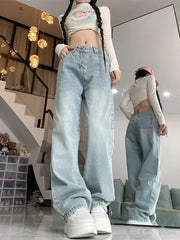 Realmefit   Vintage Straight Leg Jeans for Women Y2k Streetwear Light Blue High Waist Denim Pants Ladies Wide Leg Jeans Casual