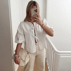 Realmefit White Lace-up Short Sleeve Shirt For Women Casual Loose Solid Color Patchwork Summer Blouse Female Club Party Outfits