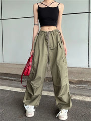 Realmefit   Hip Hop Retro Green Cargo Pants Women Y2K Harajuku Oversize Wide Leg Black Parachute Trousers Female Vintage Streetwear