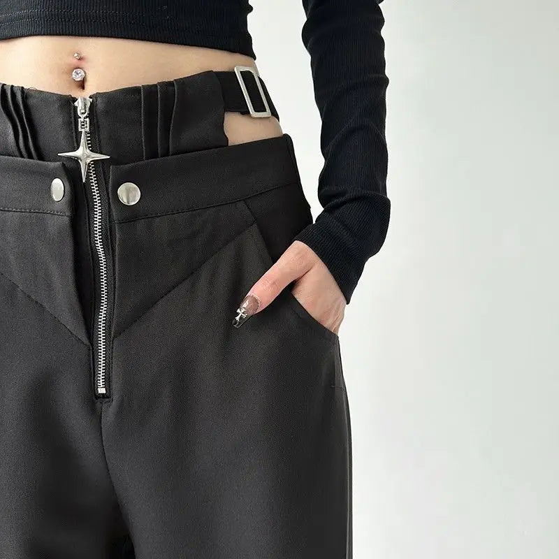 Realmefit   Oversize Cargo Pants Women Japanese Y2k Hollow Out Waist Zipper Black Trousers Gothic Harajuku Wide Leg Pants Streetwear