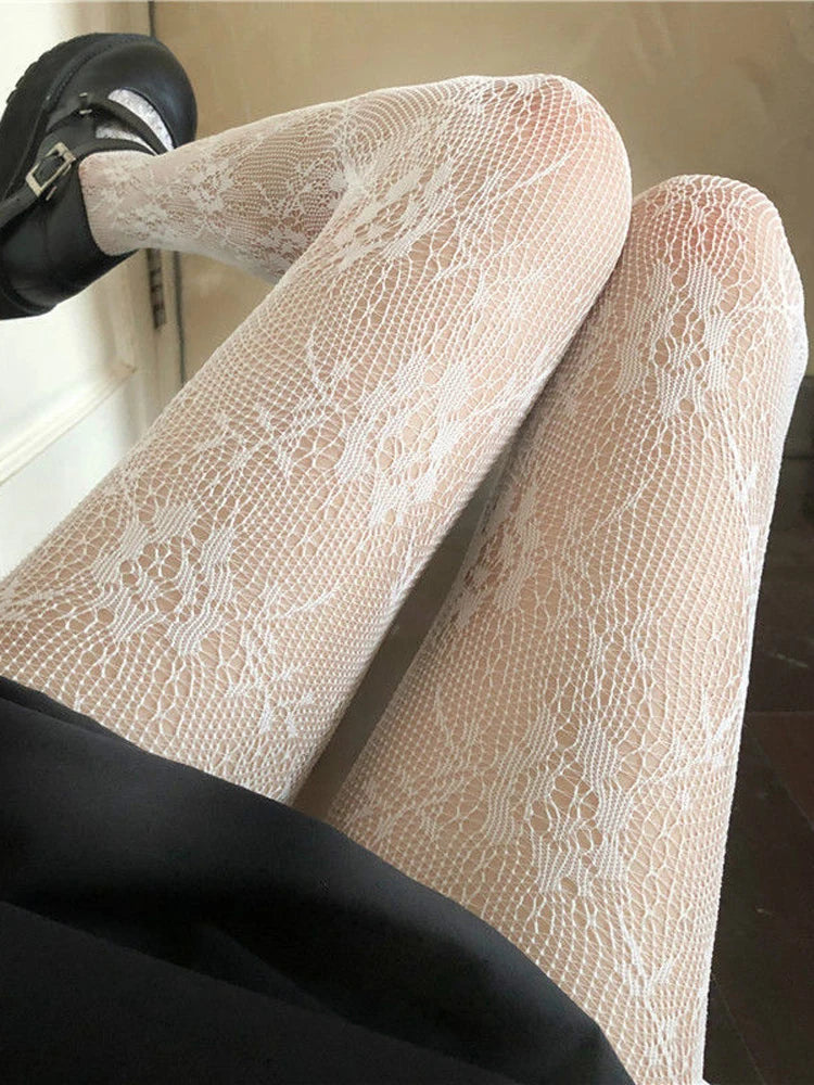 Realmefit   Classic Lolita Hollowed Out Lace Mesh Sexy Leggings Retro Floral Rattan White Stocking Club Hot Tights Japanese Pantyhose