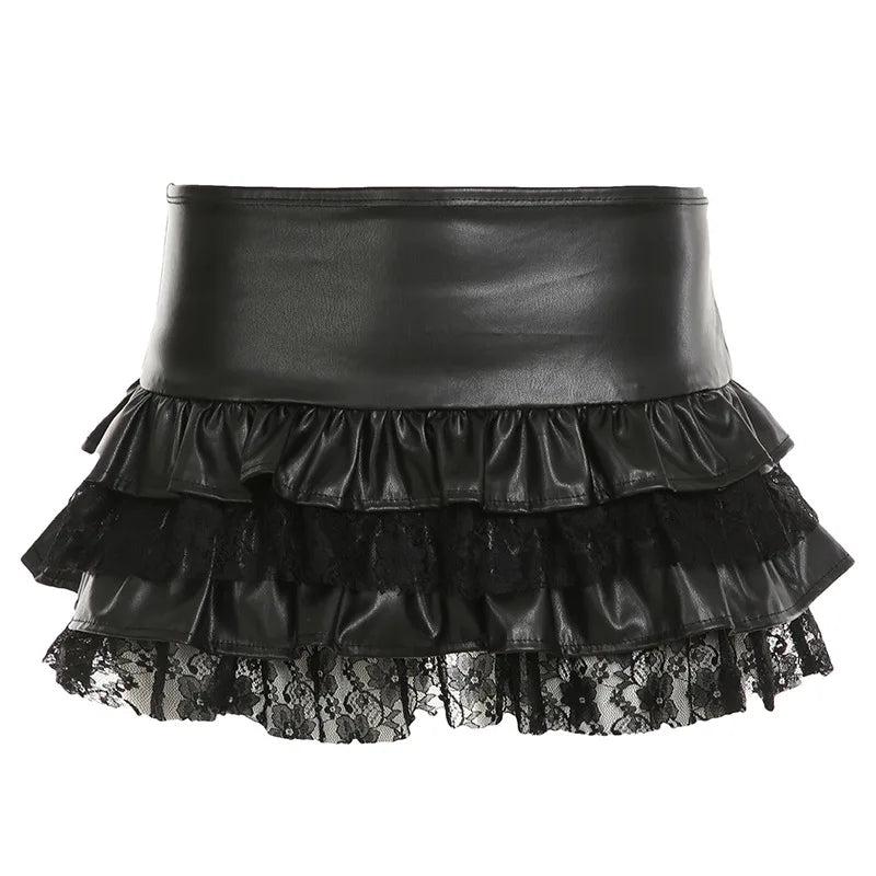 REALMEFIT  -  Lace Spliced Faux Leather Skirt Women Gothic Punk Black Low Waist Ruffle Mini Skirts Y2k Emo Clothes P84-BI20