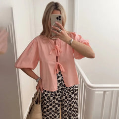 Realmefit White Lace-up Short Sleeve Shirt For Women Casual Loose Solid Color Patchwork Summer Blouse Female Club Party Outfits