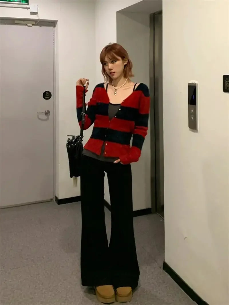 REALMEFIT  -  Y2k Harajuku Striped Cardigan Sweater Women Japanese Fashion Gothic Streetwear Long Sleeved Slim Red Cardigan Halloween