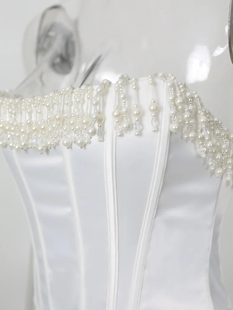 Realmefit   Luxury Strapless Women Cropped Top White Embellished Pearls and Beads Corset Tops Sexy Party Cocktail Clothing