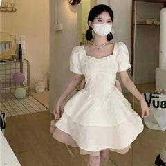 Realmefit  White Tunic Slim Bow Sweet Mini Dress Elegant Puff Sleeve Square Collar Princess Dresses Summer Vestidos for Women