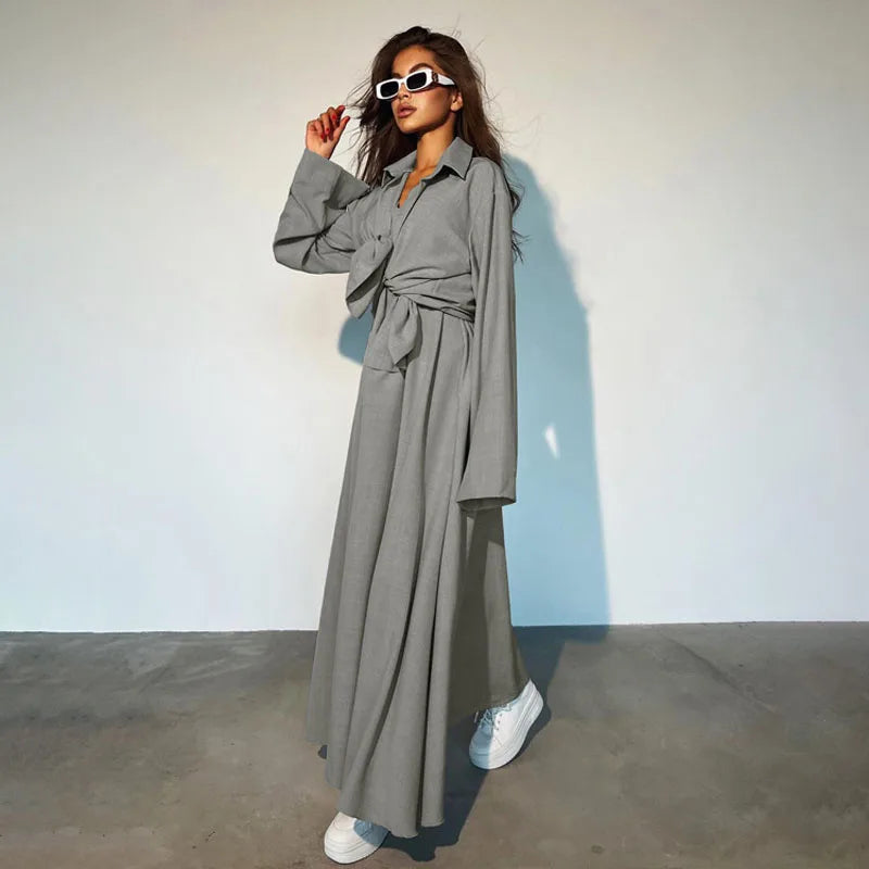 Realmefit   New Fashion Loose Long Sleeve Shirt Vest Long Skirt Two-piece Set Shirt Dress Suit Club Clothing Vestidos