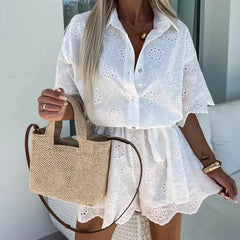 REALMEFIT  -  Ladies Fashion Lace Up Holiday Romper New Summer White Casual Lapel Shorts Playsuits Sexy Lace Embroidered Hollow Shirt Jumpsuit