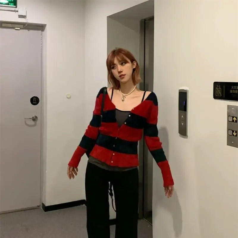 REALMEFIT  -  Y2k Harajuku Striped Cardigan Sweater Women Japanese Fashion Gothic Streetwear Long Sleeved Slim Red Cardigan Halloween