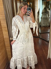 REALMEFIT  -  Embroidered White Lace Midi Dress Women 2 Pieces Suits Fashion Elegant Spring Summer Lady Dresses Boho Beach Style New Elegant