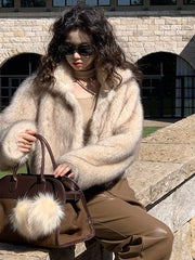 REALMEFIT  -  Autumn Winter Women's Faux Fur Woven Coat Elegant Long Sleeve Turn Down Collar Female Fluffy Short Jacket 2024 Thick Warm Coats