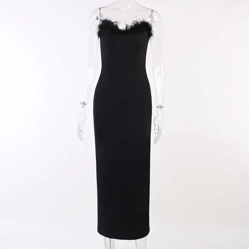 REALMEFIT  -  Feather Backless Long Maxi Dress Elegant Sexy Cocktail Dresses for Women Party Evening Gown Black White C66-DC29