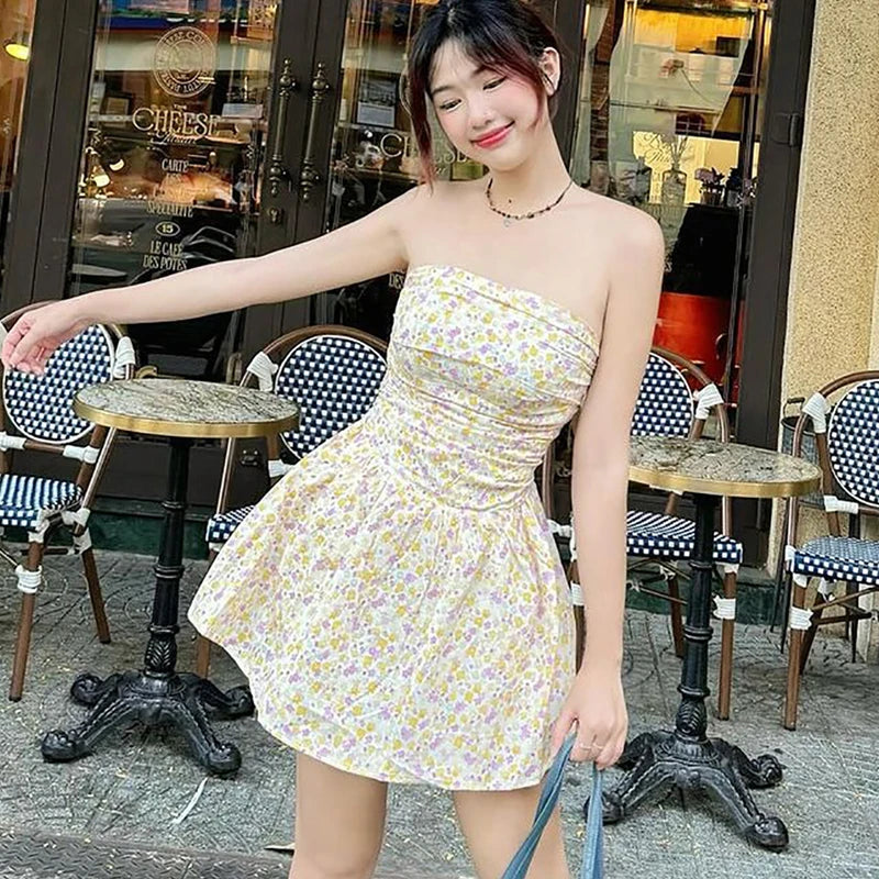 REALMEFIT  -  One-Shoulder Slim Strapless Print Dress For Women High Waisted Sleeveless Backless Fashion Sweet Summer New Ruched Dress