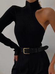 Realmefit  Black Turtleneck Bodysuit Women Sexy One Shoulder Long Sleeve Body Top Female Bodycon Overalls Elegant Backless Jumpsuits