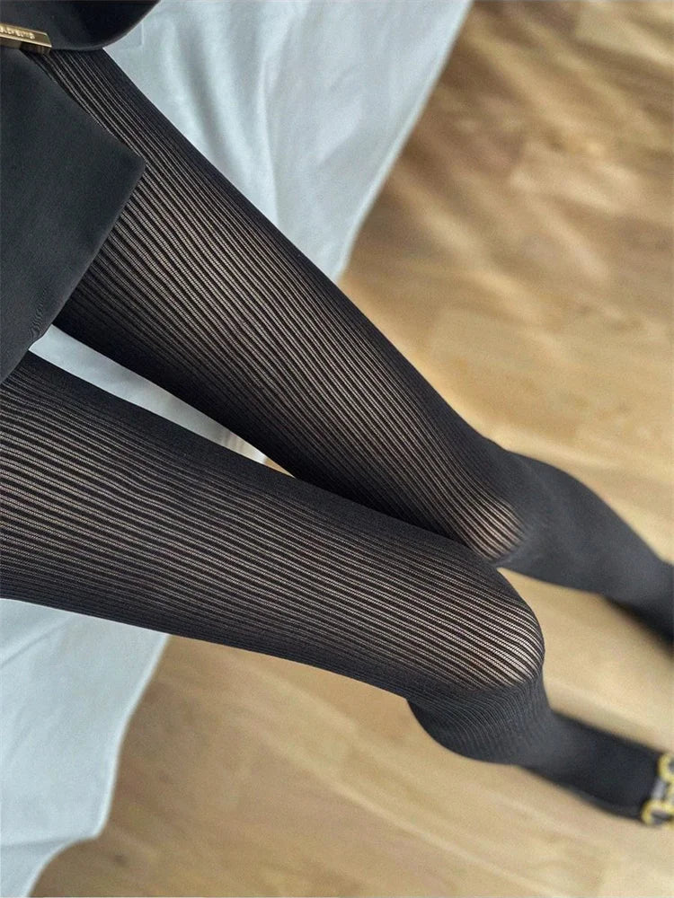 Realmefit   Knit Ribbed Pantyhose Women Sexy See-Through Stockings Black Striped Lace Tights For Women Skinny Leggings Pantyhose New