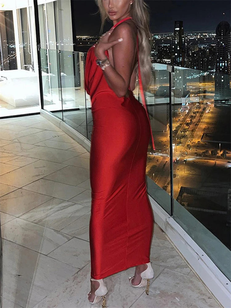 Realmefit   V-Neck Satin Slim Vestidos For Women Red Halter Backless Sexy Evening Party Clubwear Dresses Ladies Bodycon Maxi Dress