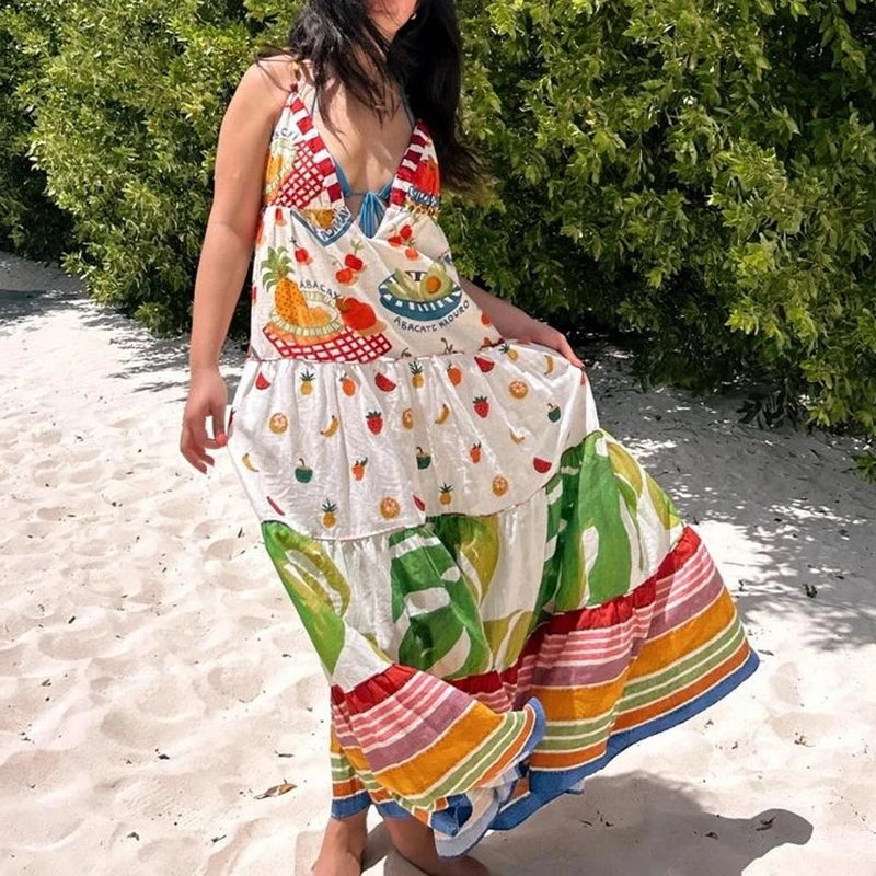 REALMEFIT  -  Indie Graphic Print V Neck Ruffles A-line Dresses Women Summer Beach Holiday Backless Maxi Long Dress Chic Fashion Streetwear