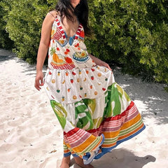 REALMEFIT  -  Indie Graphic Print V Neck Ruffles A-line Dresses Women Summer Beach Holiday Backless Maxi Long Dress Chic Fashion Streetwear