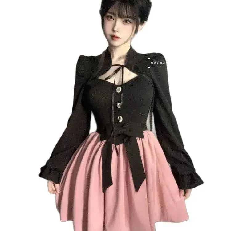 Realmefit  Y2k Black Long Sleeve Cardigans Women+ Fashion Sweet Slim Waist Bow Strap Dresses Autumn New Two Piece Sets